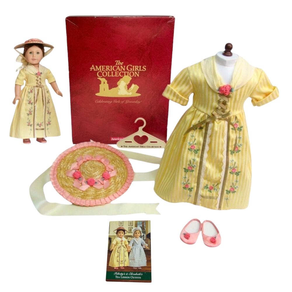 American Girl Doll Felicity Tea Lesson Outfit Dress Hat Shoes Card Hanger Box